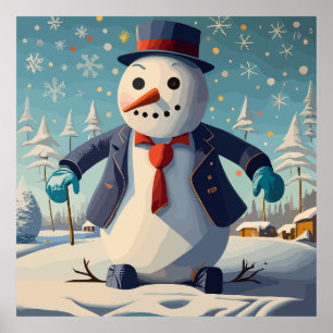Poster Le bonhomme de neige en costume et cravate à Noël