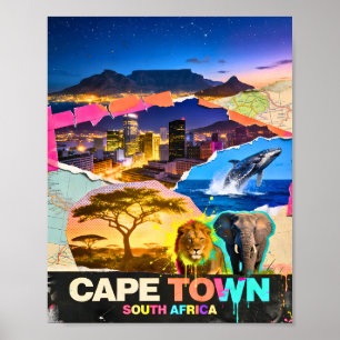 Poster Le Cap Afrique du Sud Collage Safari Montagne Mer