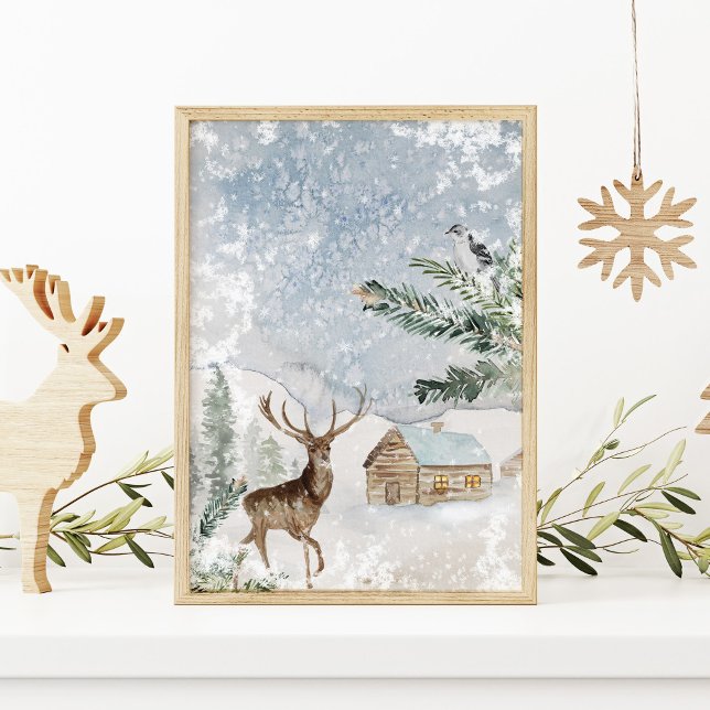 Poster Le cerf d'aquarelle en forêt d'hiver Noël (Créateur téléchargé)