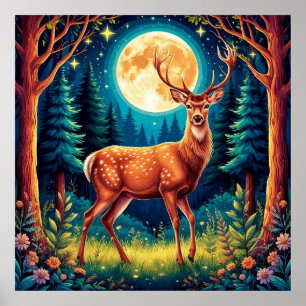 Poster Le cerf majestueux dans une forêt luxuriante