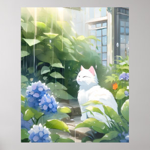 Poster Le chat blanc sous la pluie