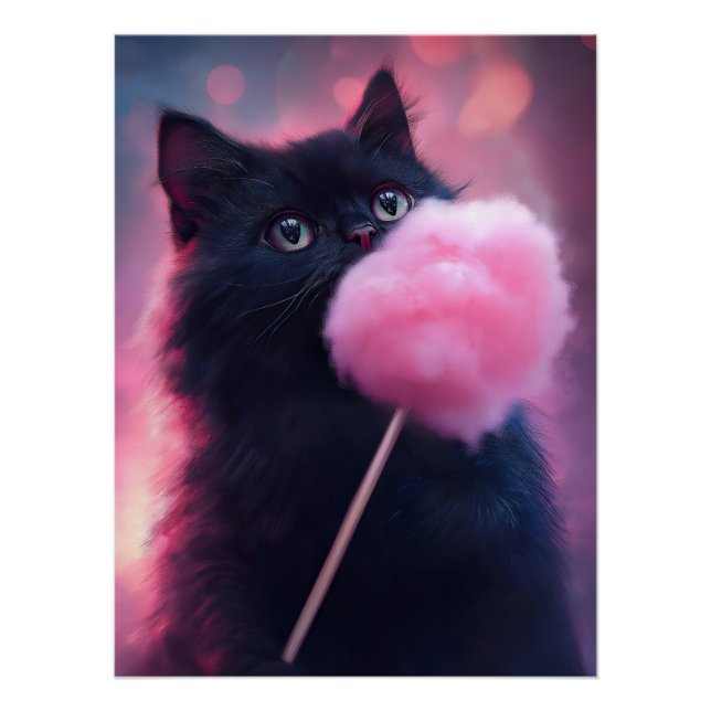 Poster Le chat noir aux yeux verts tient des bonbons en c (Devant)