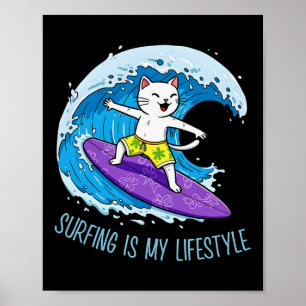 Poster Le chat surfe sur une vague - Le surf est mon styl