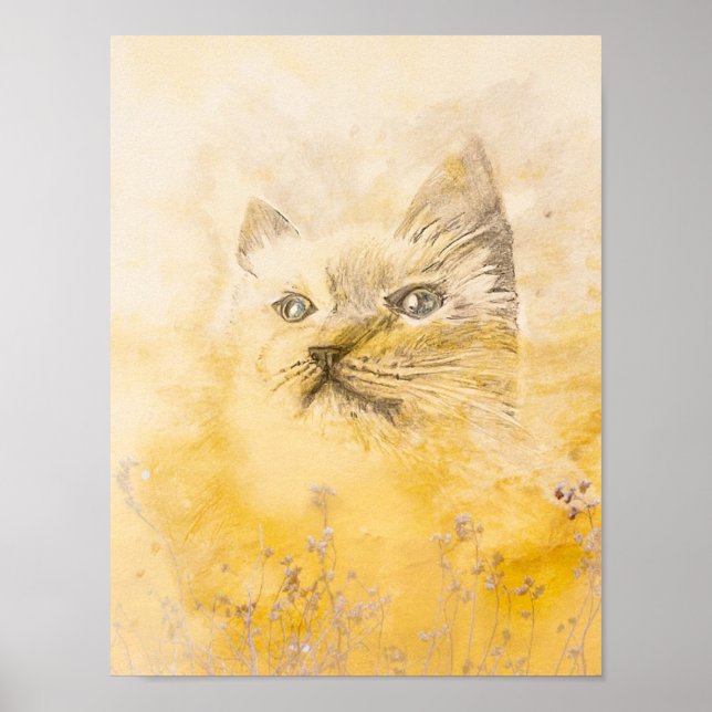 Poster Le chaton en imprimé jaune (Devant)