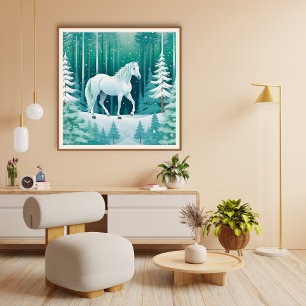 Poster Le cheval blanc dans la forêt verte