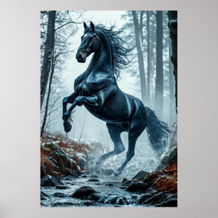 Poster Le Cheval Noir à travers un ruisseau forestier