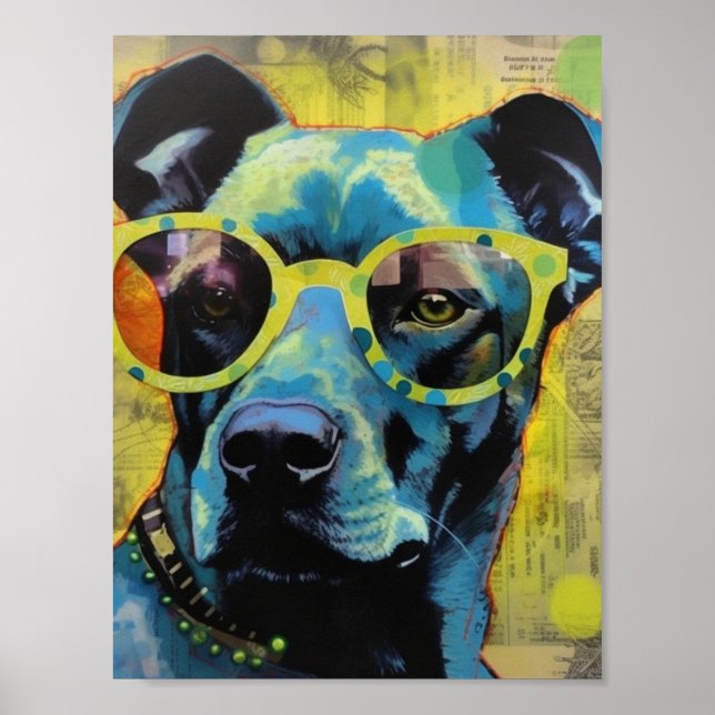 Poster Le chien dans les lunettes à points Polka (Devant)