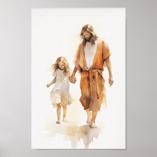 Poster Le Christ avec la fille aquarelle Art Imprimer