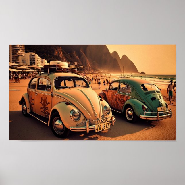 Poster Le coléoptère Oldtimer sur la plage de Copacabana (Devant)