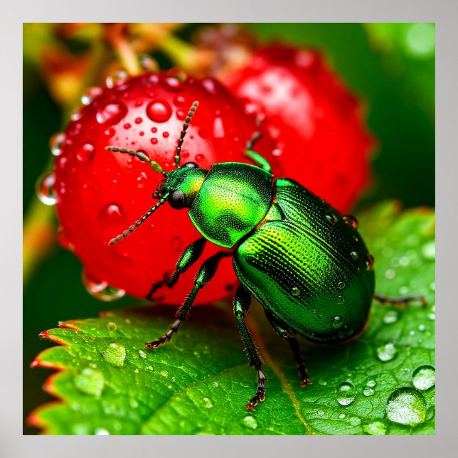 Poster Le coléoptère vert sur la feuille à côté du Berry  (Devant)