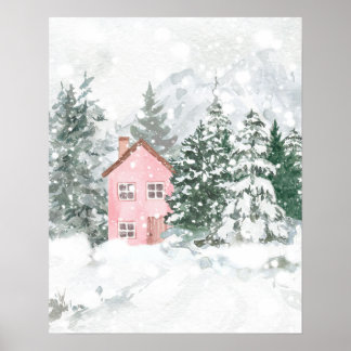 Poster Le cottage rose dans la forêt de neige