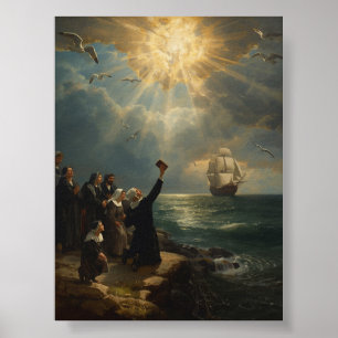 Poster Le débarquement de Mayflower à Plymouth - 1620