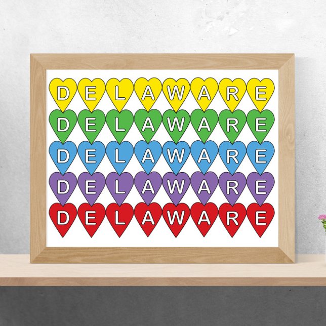 Poster Le Delaware State Colorful Hearts (A poster of yellow, green, blue, purple and red hearts that say Delaware)