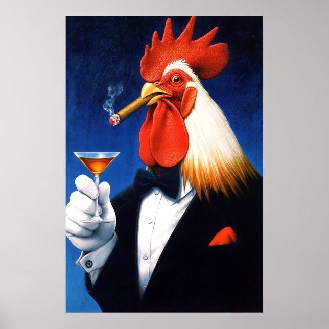 Poster Le Don de l'Aube | Coq Dapper Fumer Cigar (Devant)