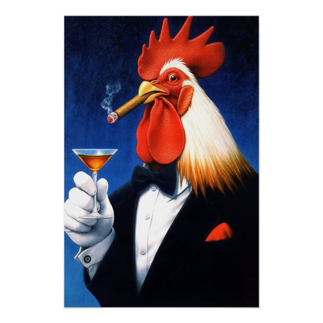 Poster Le Don de l'Aube | Coq Dapper Fumer Cigar (Devant)