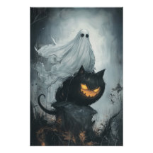 Le fantôme d'Halloween à cheval sur un chat noir