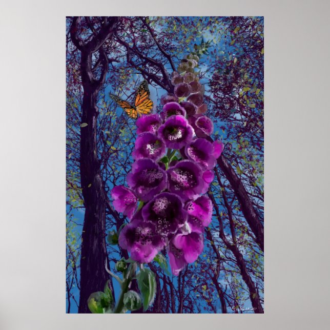 Poster Le foxglove avec papillon dans la peinture des boi (Devant)