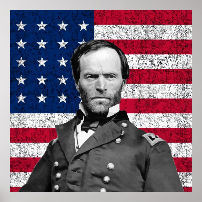 Poster Le général Sherman et le drapeau américain (Devant)