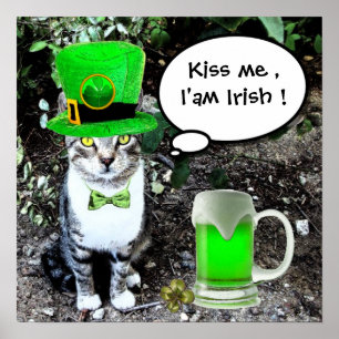 POSTER LE JOUR DE SAINT PATRICK CAT WITH GREEN IRISH