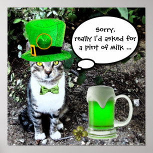 POSTER LE JOUR DE SAINT PATRICK CAT WITH GREEN IRISH