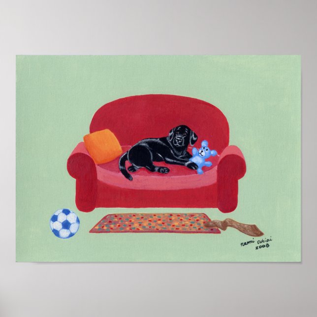 Poster Le Labrador noir sur l'oeuvre du canapé rose (Devant)