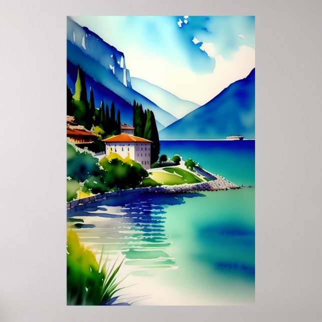 Poster Le lac de Garde (Lago di Garda) peinture aquarelle (Devant)