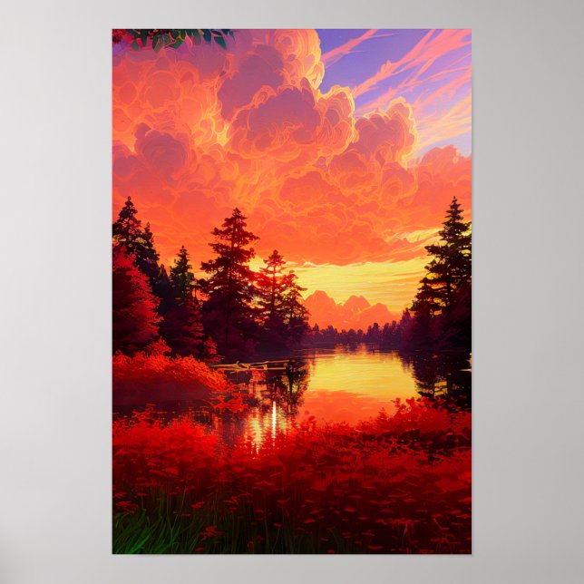 Poster Le lac Forest Bathed au coucher du soleil rouge (Devant)