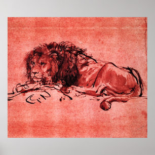 Poster LE LION DU CAP MENANT, par Rembrandt Red Black