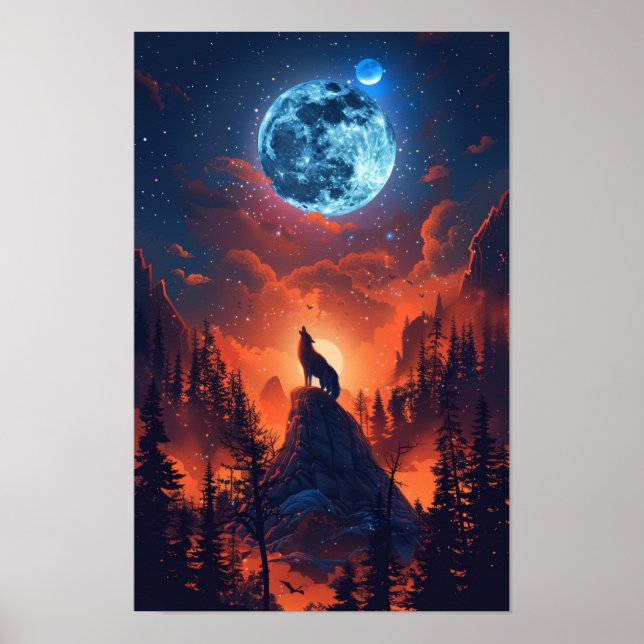 Poster Le loup majestueux hurling à l'affiche de la lune (Devant)