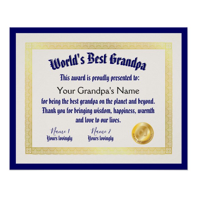Poster Le meilleur certificat grand-père du monde Funny m (Devant)
