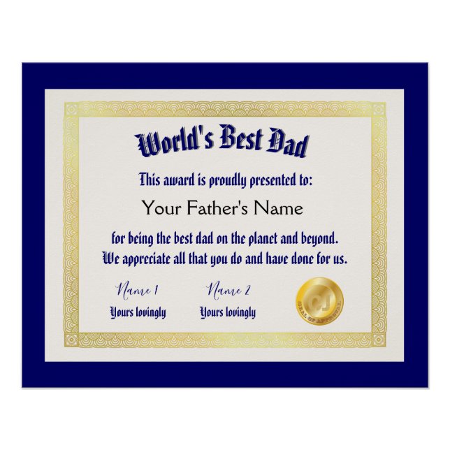 Poster Le meilleur certificat papa du monde Funny moderne (Devant)