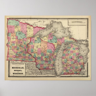 Poster Le Michigan, le Minnesota, et le Wisconsin