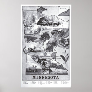 Poster Le Minnesota vintage Map illustrative (1921)