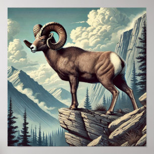 Poster Le mouton de Bighorn sur un terrain rocheux