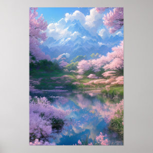 Poster Le paisible lac de la fleur de cerisier