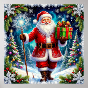 Poster Le Père Noël tient un cadeau au milieu de l'hiver 