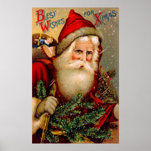 Poster Le père noël vintage avec le bâton de marche