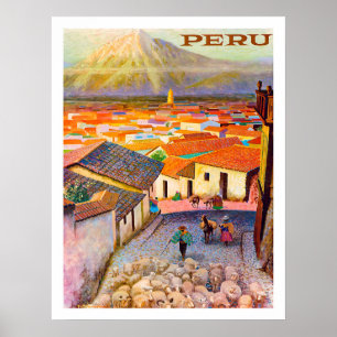 Poster Le Pérou, toits de ville sous la montagne, cru
