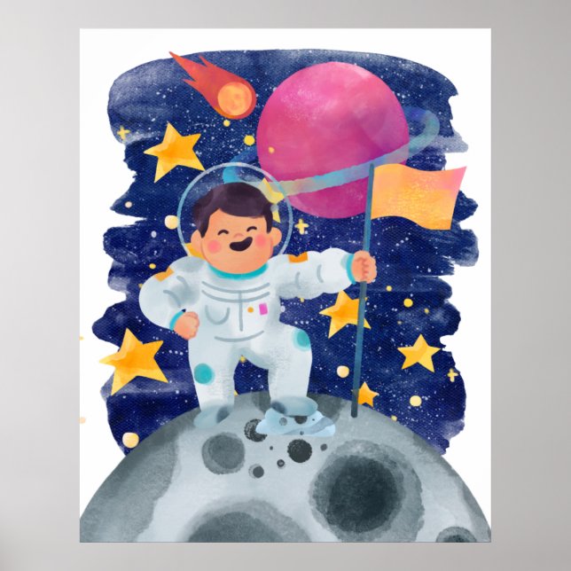 Poster Le petit astronaute premier pas Lune Drapeau Espac (Devant)