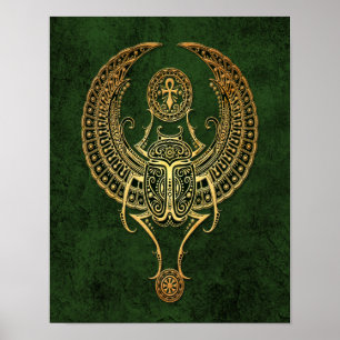 Poster Le scarabée égyptien ailé avec Ankh sur vert