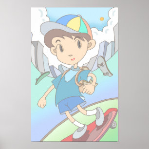 Poster Le skateboardeur fonce à travers les rues de la vi