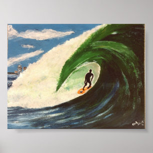 Poster Le surfer surfant le tour de tube ondulent l'art