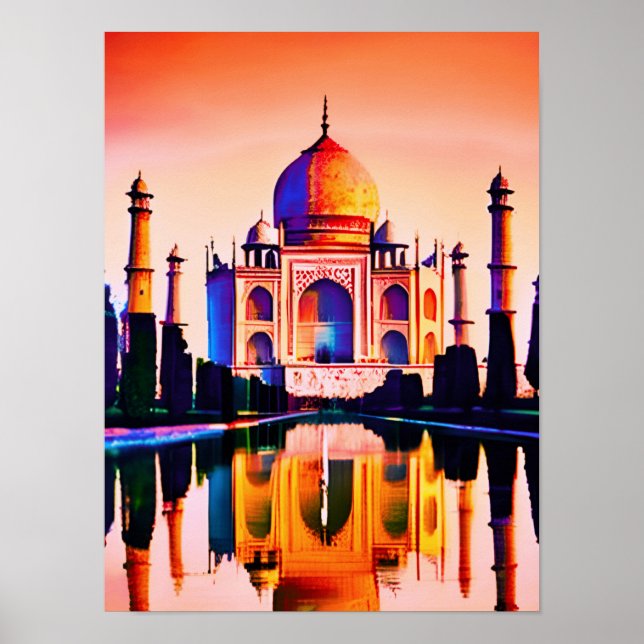Poster Le Taj Mahal contre un ciel couché de soleil (Devant)
