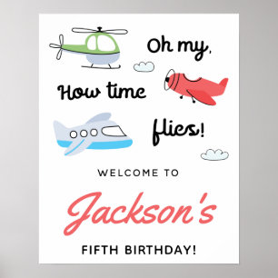 Poster Le temps vole Avion Hélicoptère d'anniversaire Bie