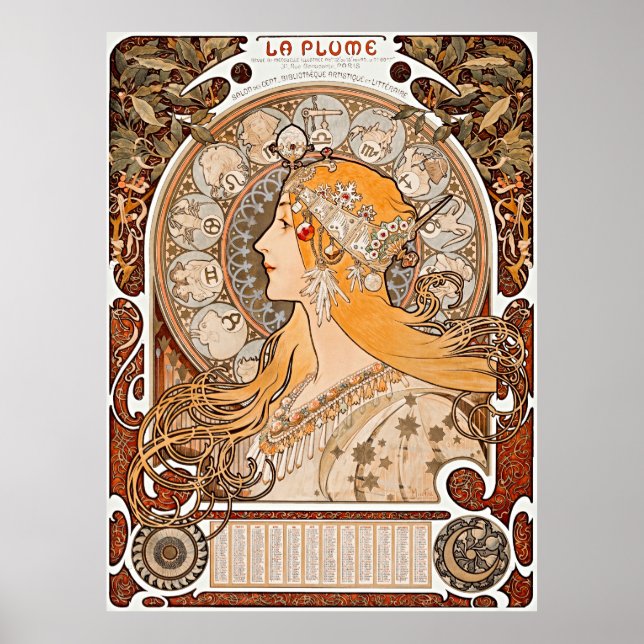 Poster Le Zodiaque d'Alphonse Maria Mucha ou La Plume (Devant)