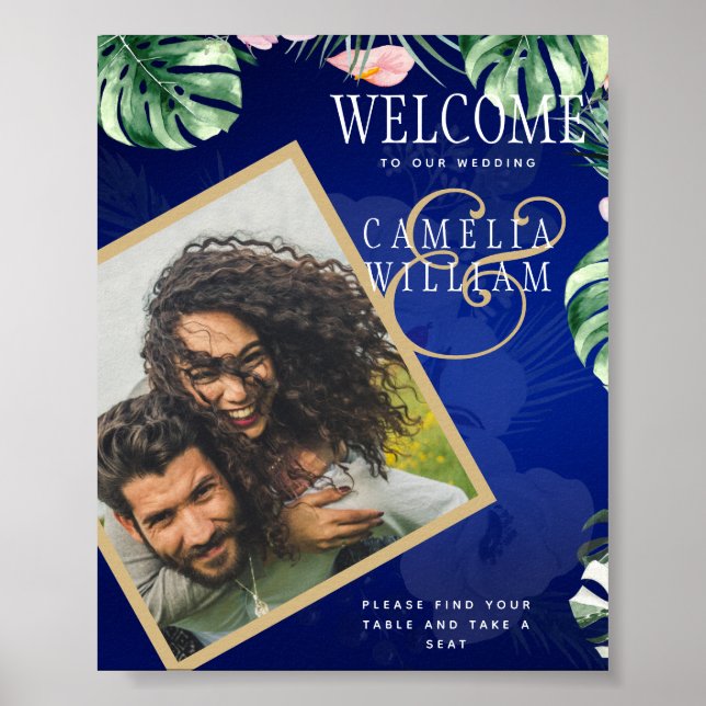 Poster LeahG Mariage floral bleu vert tropical (Devant)