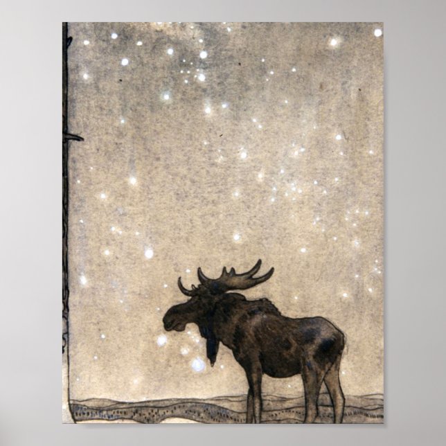Poster Leap The Elk In Neige At Night - John Bauer (Devant)