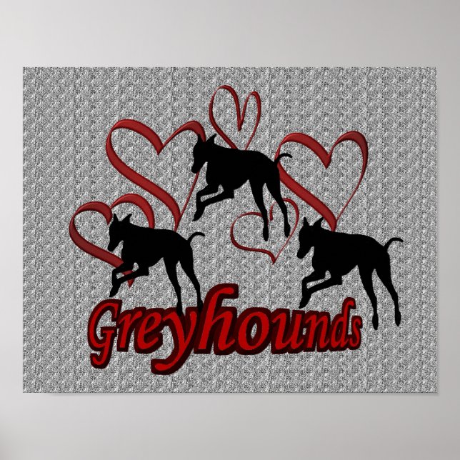 Poster Leaping Greyhounds Et Red Hearts (Devant)