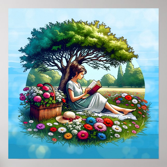 Poster Lecture de fille sous un arbre entouré de fleurs (Devant)