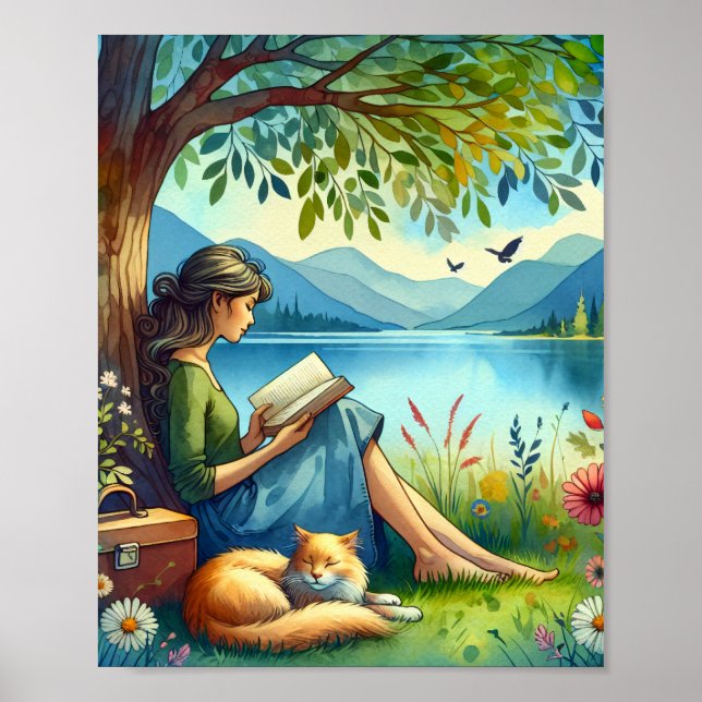 Poster Lecture d'un livre sous un arbre avec un chat endo (Devant)